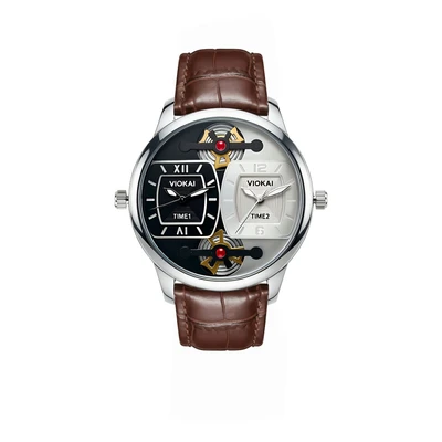 Square black and white dial + brown leather strap