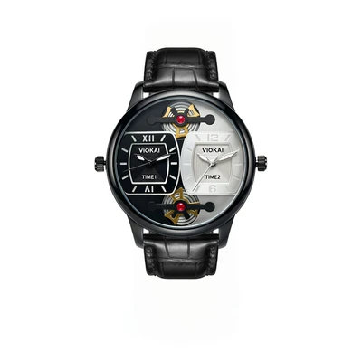 Square black and white dial + black leather strap