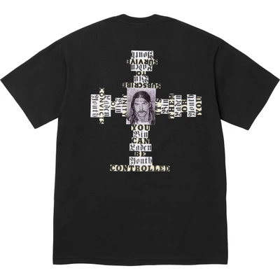 Supreme fw25 round neck plaid back character printing short-sleeved t-shirt, same style for men and women, black