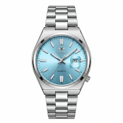 Silver case, sky blue dial