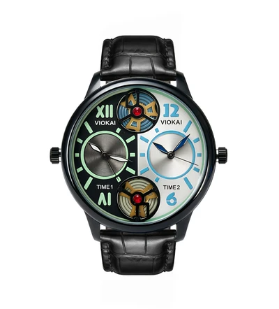 Round black and blue dial + black leather strap