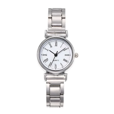 Silver case, white dial, roman numerals