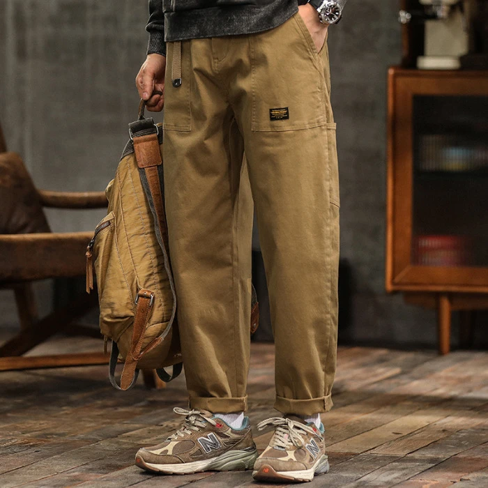 2025 Trendy Men's Casual Pants Men's Four Seasons Retro American Overalls Trendy Brand Belt Spliced Straight-Leg Pants