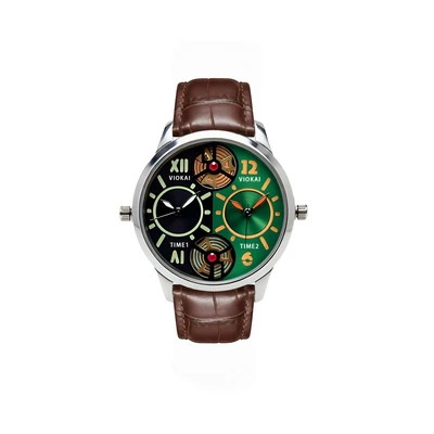 Round black and green dial + brown leather strap