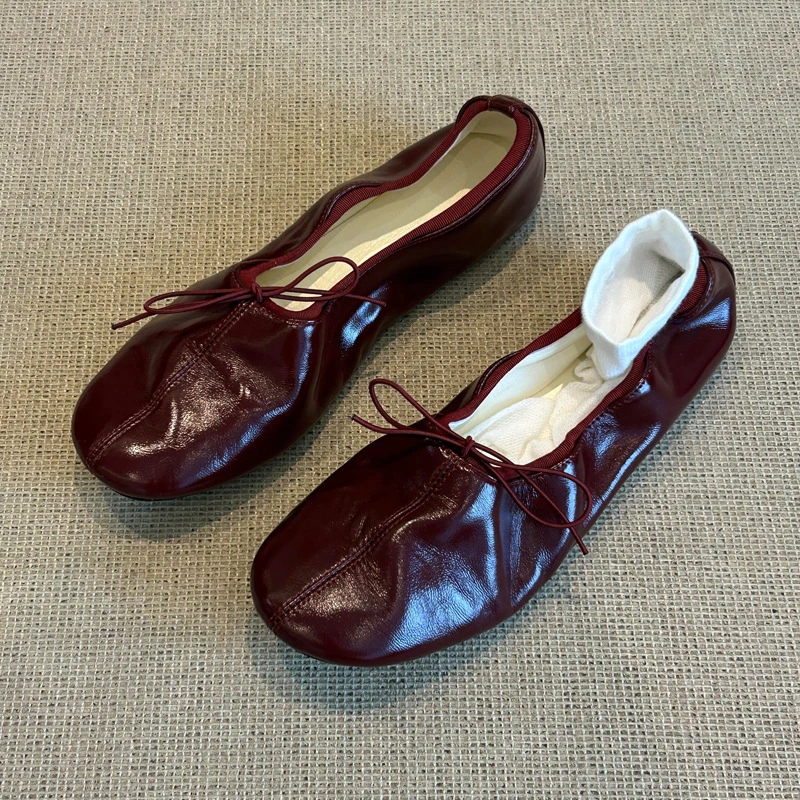 In Stock~Vintage Style Burgundy Single Shoes with Bowknot, Ballet Flats, Flat Round-Toe Loafers, Comfortable Granny Shoes