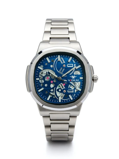 White case, dark blue dial