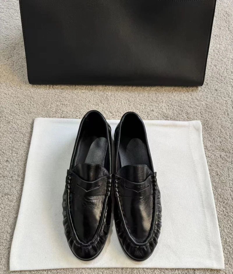 Pleated Slip-On Loafers for Women, Chunky Heel, Casual Old Money Style, Flat British Leather Shoes, Round Toe Single Shoes, Export Shoes