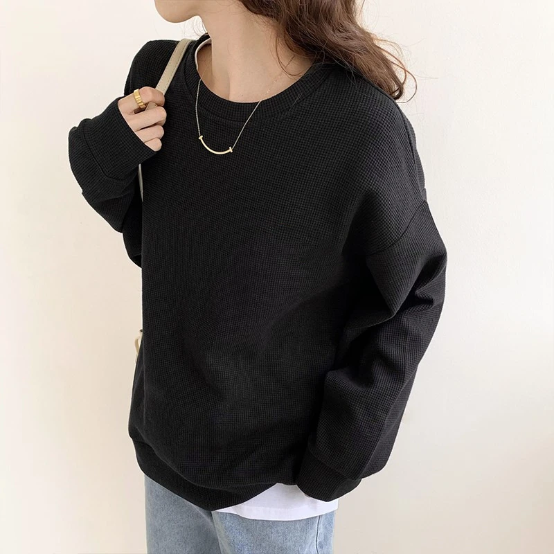 Waffle Japanese-Style Sweatshirt Ins Women 2025 Spring and Autumn New Trendy Brand Round Neck Top Loose Long-Sleeve T-Shirt