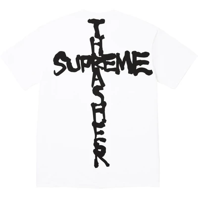Supreme thrasher joint model chest logo pattern plaid round neck short-sleeved american trendy t-shirt for men and women in white
