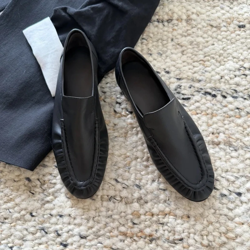 Pleated Moccasin Loafers for Women, Low Heel, New Autumn Basic Versatile Genuine Leather Soft Sole Commuting Slip-On Shoes