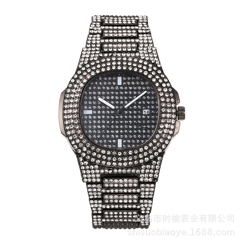 hiphop Super Cool Hip Hop Diamond Watch Rap Men's Quartz Strap Calendar Gypsophila Steel Strap Full Diamond Watch Wholesale