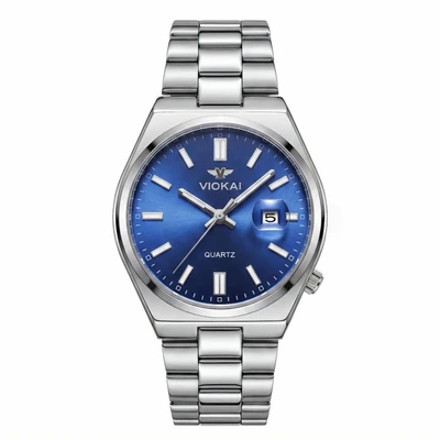 Silver case, blue dial