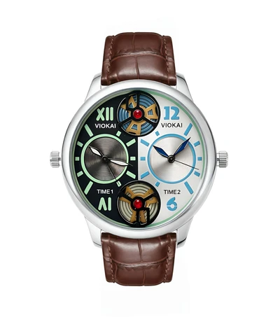 Round black and blue dial + brown leather strap