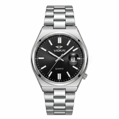 Silver case, black dial