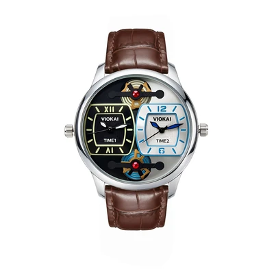 Square black and blue dial + brown leather strap