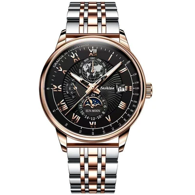 Two-tone case, black dial, stainless steel bracelet
