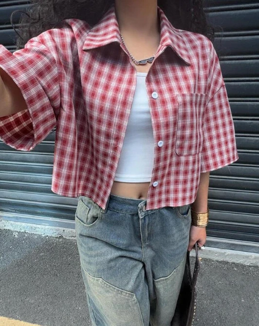 Cross-Border Casual Short-Sleeved Plaid Shirt for Women, Summer Versatile Plaid Top, Holiday Style French Style Stunning Top