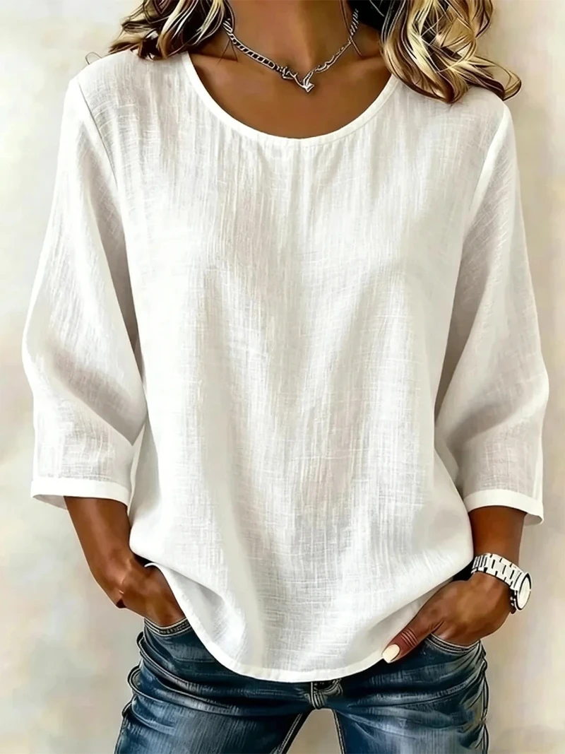 2026 Cross-border Amazon European and American Summer and Autumn New Women's Solid Color Round Neck Three-Quarter Sleeve Loose Casual Top T-shirt