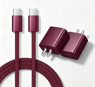 20W Apple 18 US Standard Charger + Dual C Braided Data Cable/Set [Cherry Red]