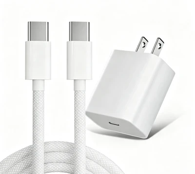 20W US standard charger + dual C-type braided data cable/set [white]