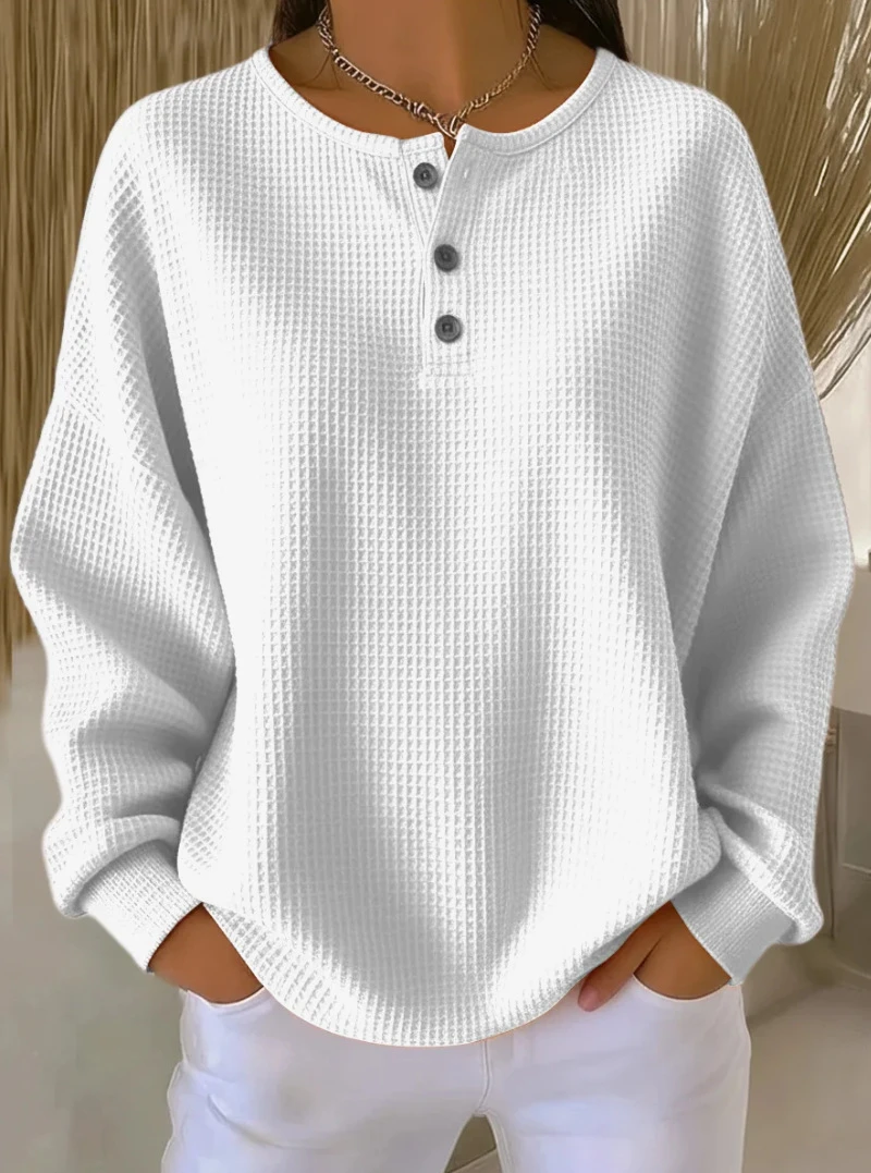 European and American Cross-Border Amazon Export Fashion Round Neck Waffle 2025 Autumn and Winter New Pure Color Pullover Loose Top