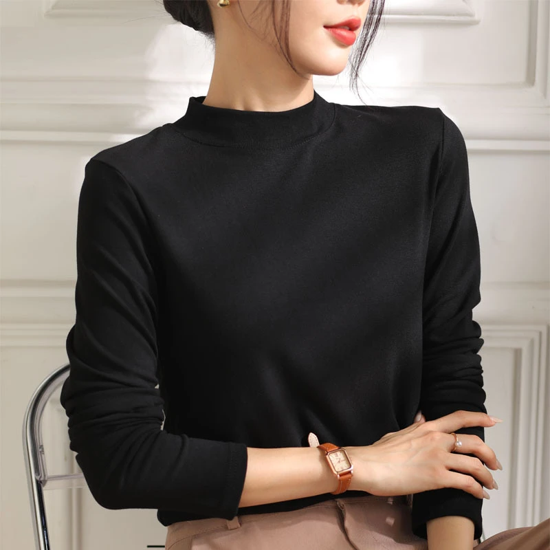 2026 Autumn/Winter Women's Half-Turtleneck Long Sleeve T-Shirt, Solid Color, Elegant and Versatile Base Layer Top, Directly Supplied by Douyin