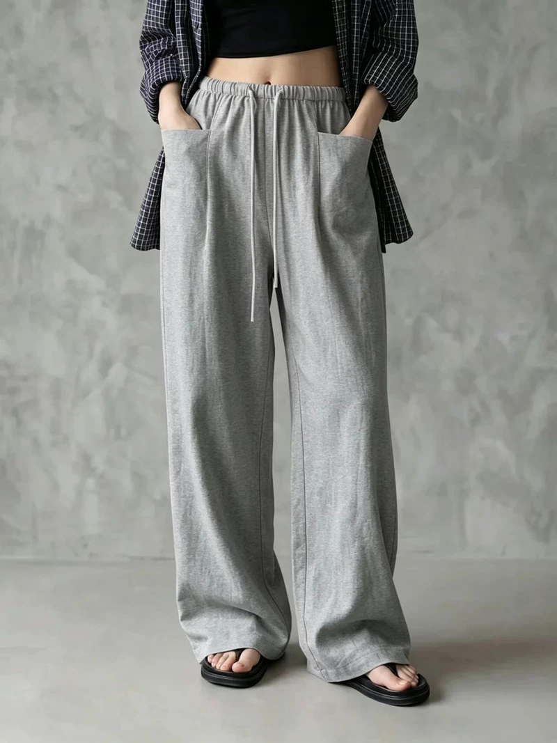 2026 European and American cross-border Amazon independent store new women's solid color wide-leg high-waisted loose drawstring casual pants
