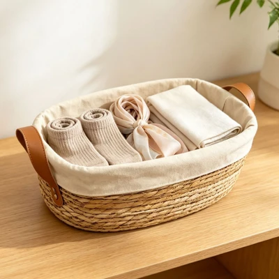 Leather handle reed basket with lining [30*23*10cm]