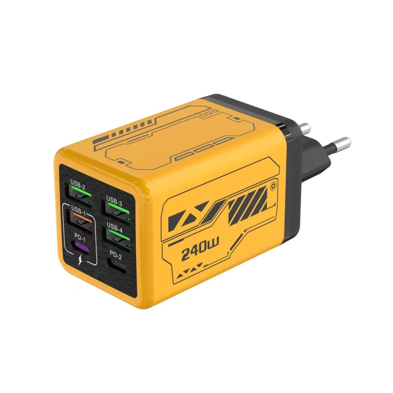 Cross-border 240W charging adapter with 4 USB ports + 2 PD ports, a multi-port phone charger with PD25W support for all protocols, compatible with European, American, and British standards