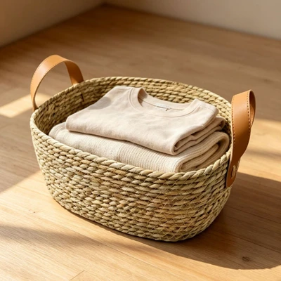 Leather-handled cattail basket [30*23*10cm]