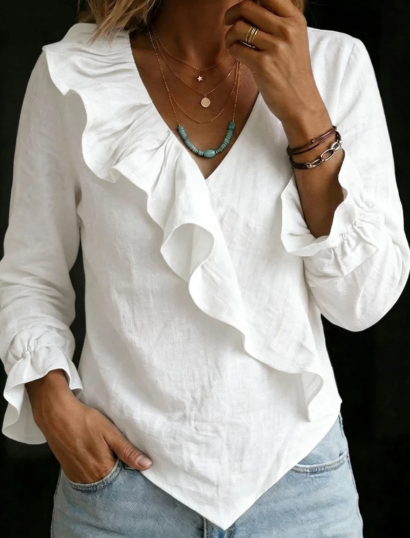 2026 Amazon European and American Cross-Border Ruffle V-Neck Shirt Fashionable Irregular Hem Bell Sleeve Top Women's Clothing