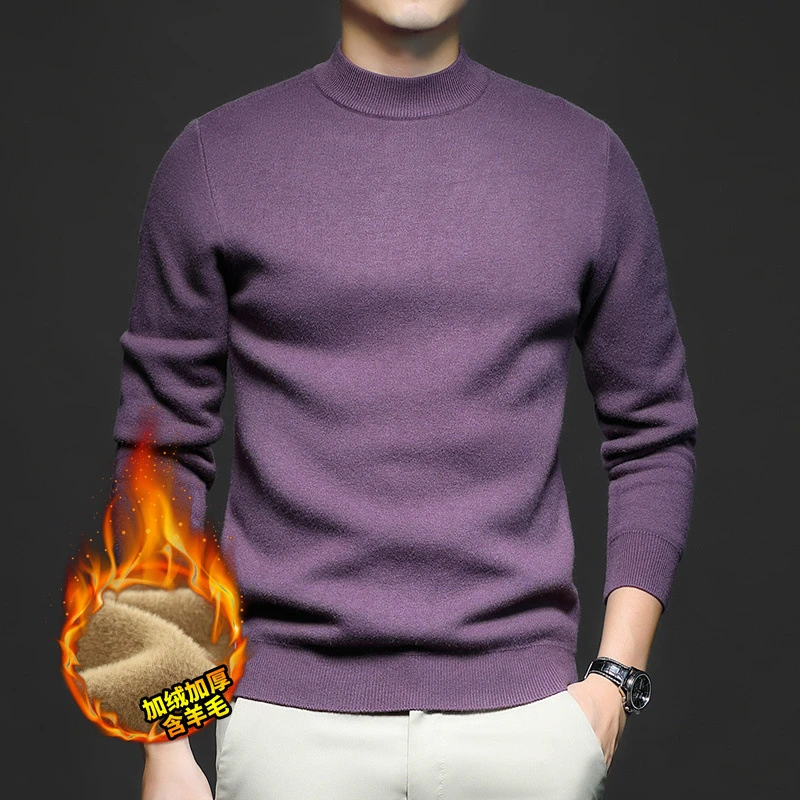 2025 New Autumn and Winter Men's Wool All-In-One Velvet Fleece-Lined Pure Color Knitted Bottoming Sweater Men's Wholesale