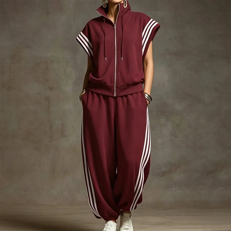2026 European and American cross-border Amazon women's two-piece fashion casual sports suit with zipper, stand-up collar, stripes, and contrasting colors