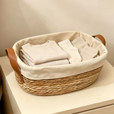Leather handle reed basket with lining [37*28*11cm]