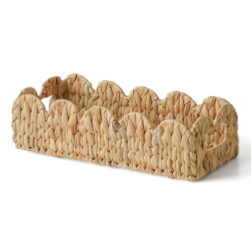 Water hyacinth straw storage basket, hand-woven with wooden handle, lace fruit tray, desktop snack organizer storage basket