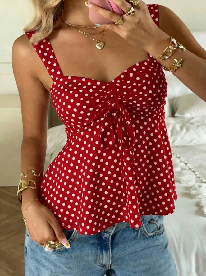 2026 European and American Summer Polka Dot Drawstring Sweetheart Neck Women's Top Foreign Trade Cross-Border Amazon Sexy Camisole
