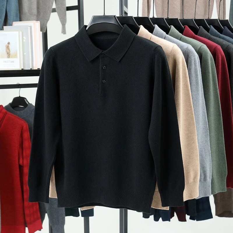 New Cross-Border Autumn and Winter Wool Lapel Long-Sleeved Men's Knitted Polo Shirt Pure Color Middle-Aged Bottoming Sweater Men's Clothing