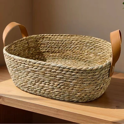 Leather-handled cattail basket [37*28*11cm]