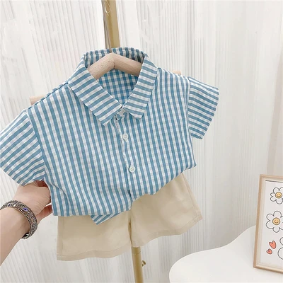 Blue and white plaid boy's top + pants