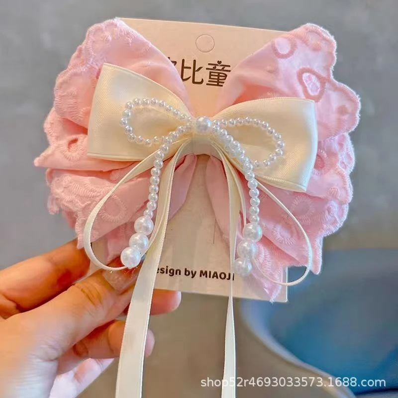 Pink Sweet Lace Cotton Bowknot Pearl Tassel Hair Clip with a High-End Feel, Ribbon Hair Accessory for Children