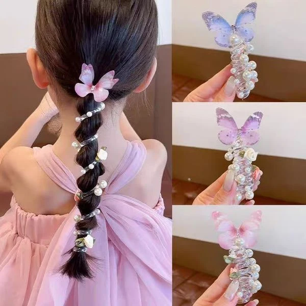 Children's Butterfly Pearl Telephone Line Hair Ring Girls' Ponytail Bubble Brand