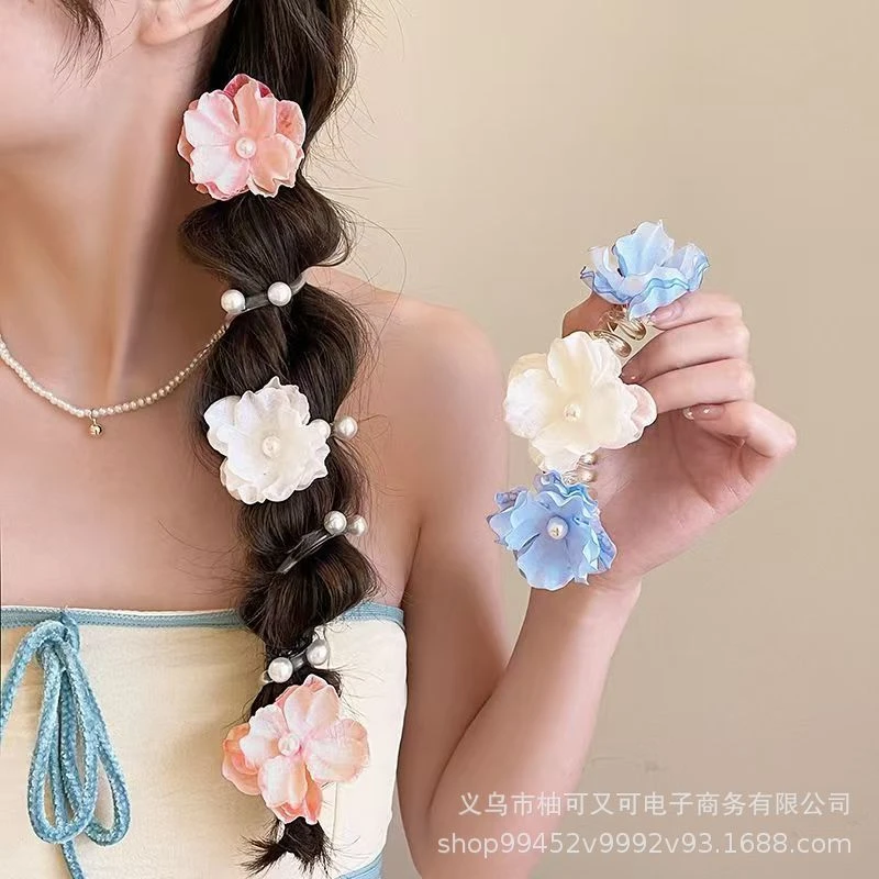 Sweet Floral Beaded Telephone Wire Hair Tie, New Style Gentle Style Ponytail, Hair Rope High Elasticity Rubber Band Hair Accessory