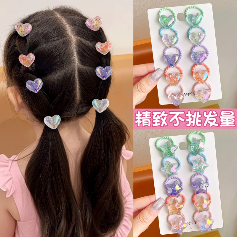 Children's Heart-Shaped Glitter Hair Ties for Girls, Baby Hair Bands with High Elasticity That Don'T Damage Hair, Rubber Bands, Hair Accessories, Hair Ropes