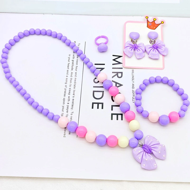 Sweet Princess Bow Necklace, Bracelet, Ear Clip , Ring suit Dopamine Candy Color Solid Bead Chain for Children