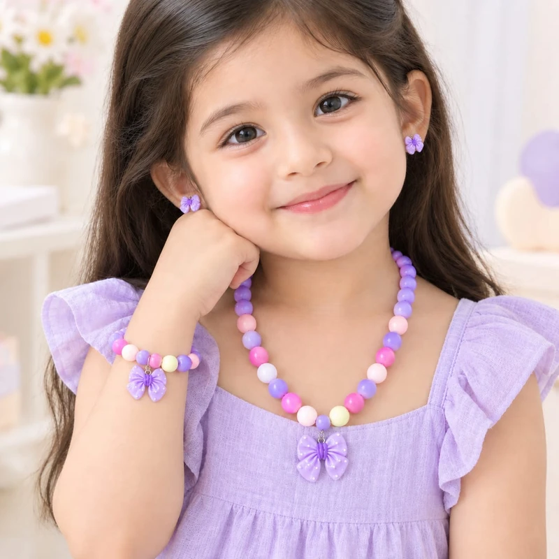 Sweet Princess Bow Necklace, Bracelet, Ear Clip , Ring suit Dopamine Candy Color Solid Bead Chain for Children