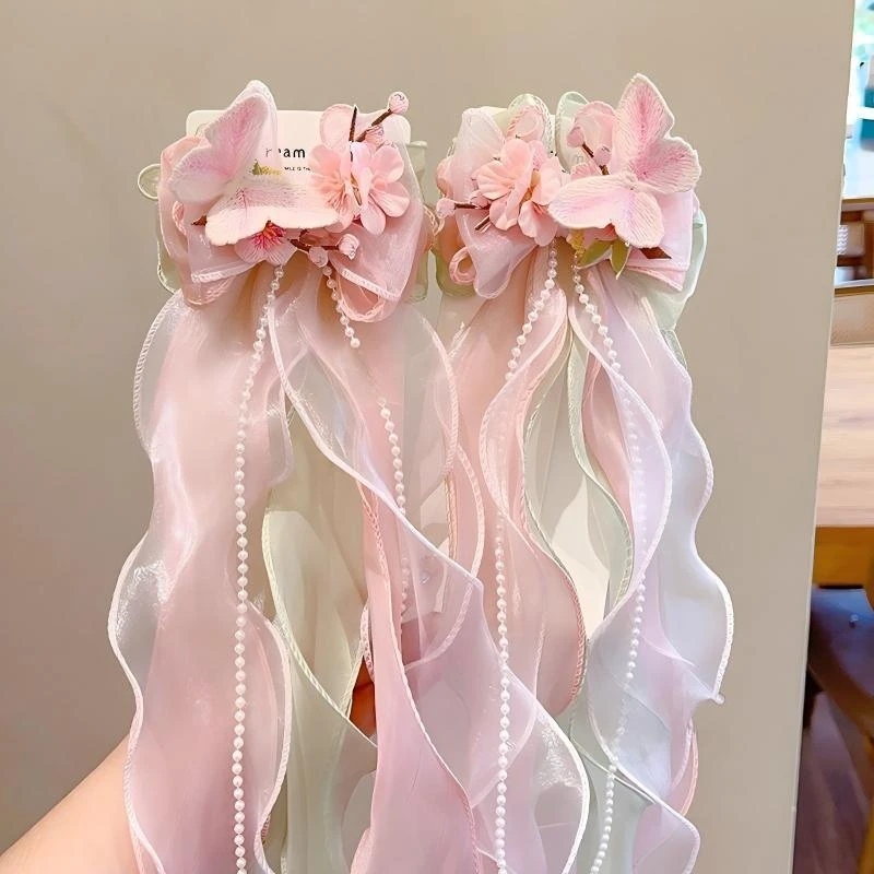 Girls Pearl Bow Headwear Little Girls Pink Flower Hairpin's Children's Hairpins Braided Ribbon Hairpin