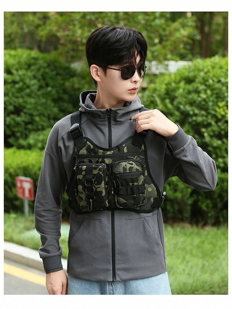Outdoor tactical chest pack, men's vest-style bag, multi-functional cycling and sports chest bag, camouflage single-shoulder crossbody bag