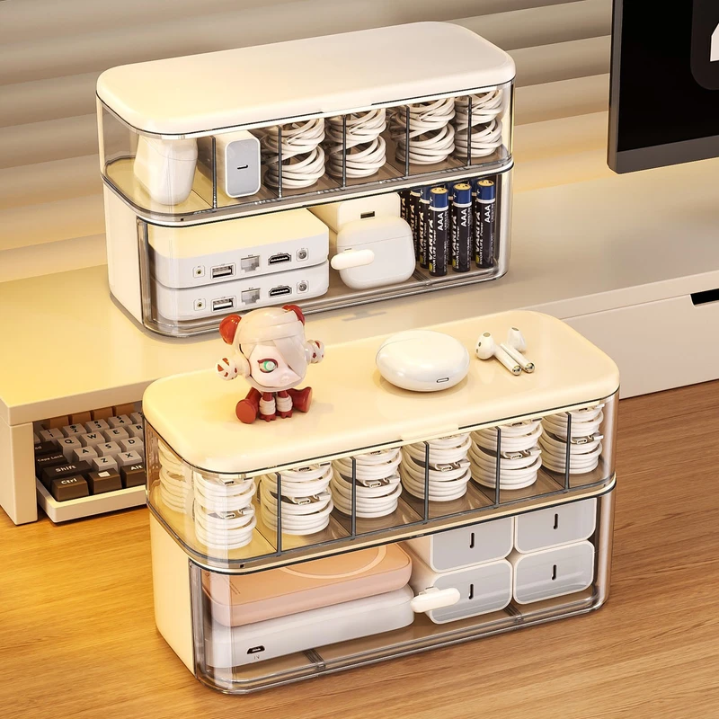 Double-Layer Data Cable Storage Box Desktop Mobile Phone Charging Cable Power Cord Multi-Functional Organizing Box Acrylic Cable Management Box